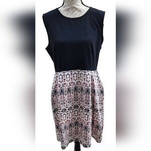 CYNTHIA ROWLEY Black and patterned A line knee length zip up dress Size XL